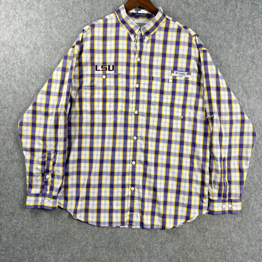 Columbia PFG Super Tamiami LSU Tigers XL Purple Gold Plaid Long Sleeve Shirt